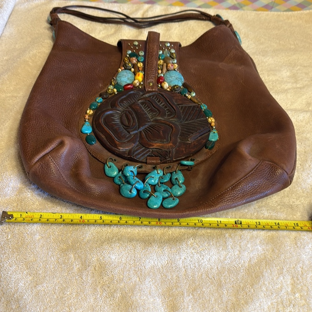 Brown and Blue Hobo Bag with Circular Embellishment - Picture 4 of 5
